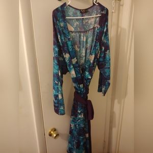 Long sleeve teal and purple wrap dress